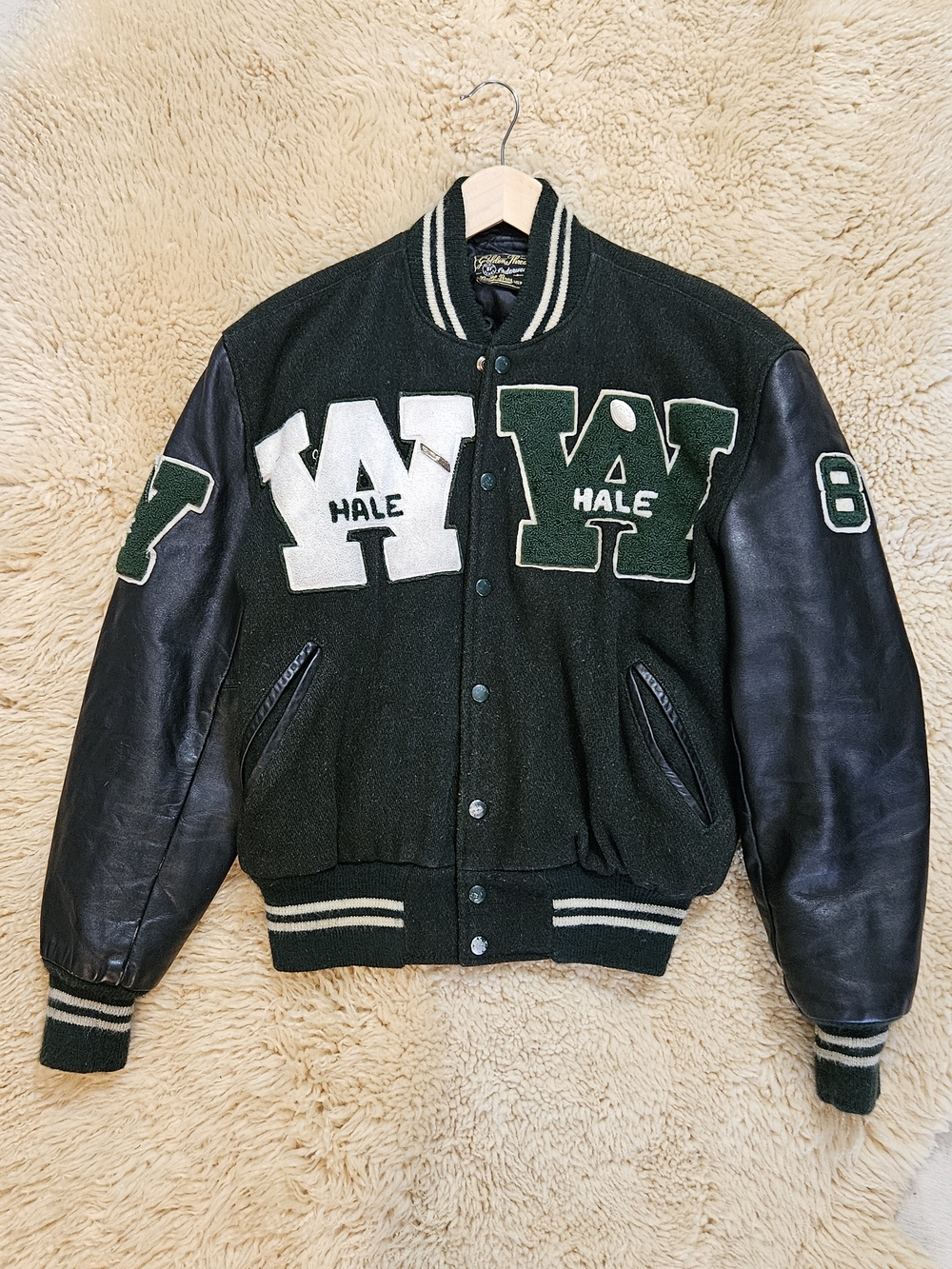 Vintage 1980s Green/White Wool & Leather Varsity Bomber Jacket "W" 1986 Sz 40